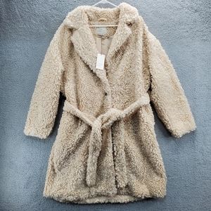 A New Day Womens' Faux Fur Belted Coat Jacket Oversized Oat Milk NWT